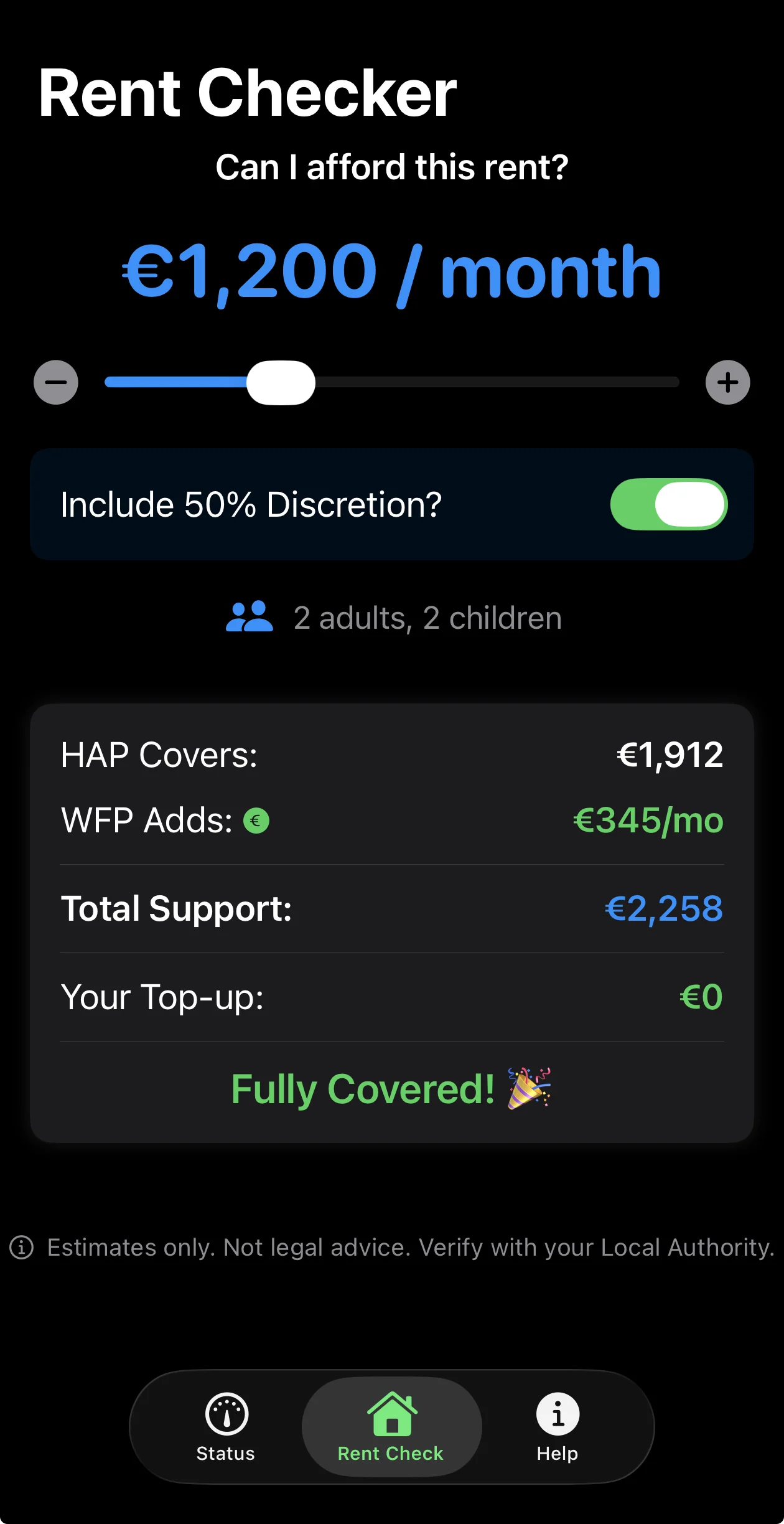 BenefitCheck Ireland rent checker showing HAP and WFP combined support covering full rent