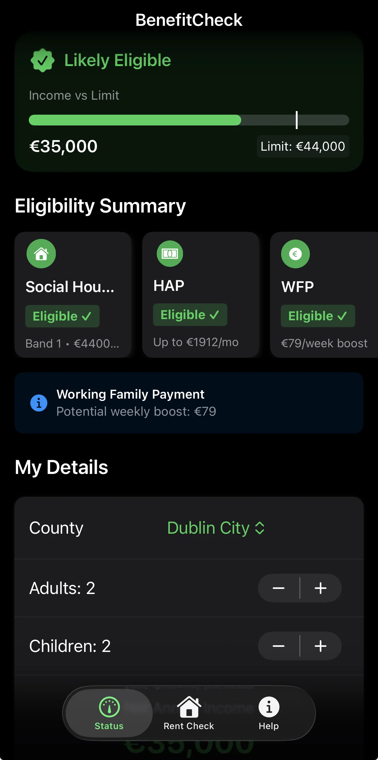BenefitCheck Ireland eligibility screen showing Social Housing, HAP, and WFP results in dark mode