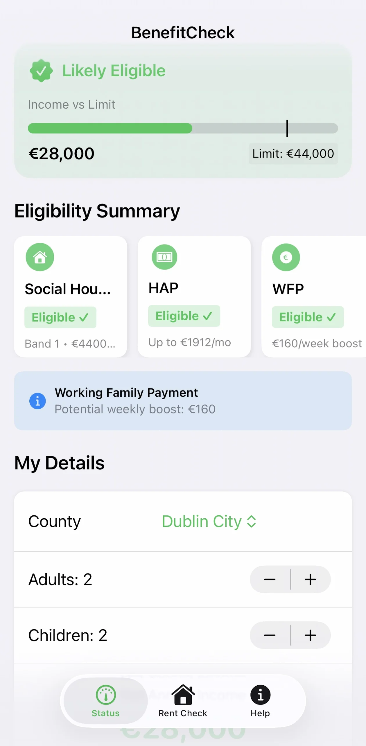 BenefitCheck Ireland eligibility screen in light mode showing income vs limit bar and benefit cards