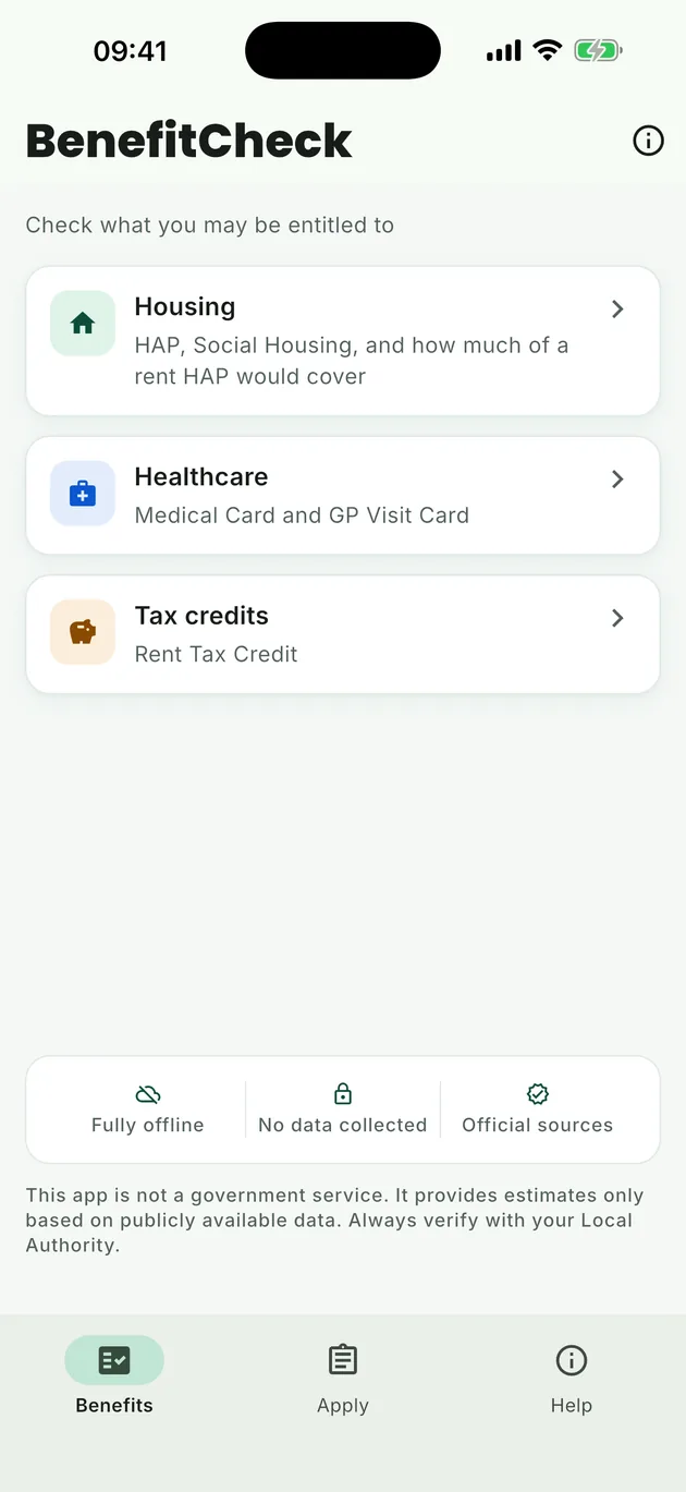 BenefitCheck Ireland Benefits tab with Housing, Healthcare and Tax credits checks