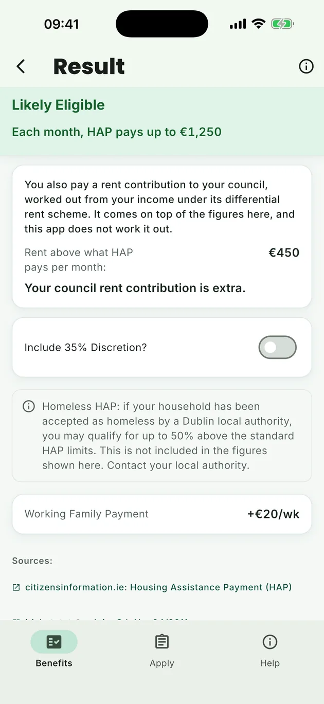 BenefitCheck Ireland housing result showing the most HAP could pay each month and the rent above that amount