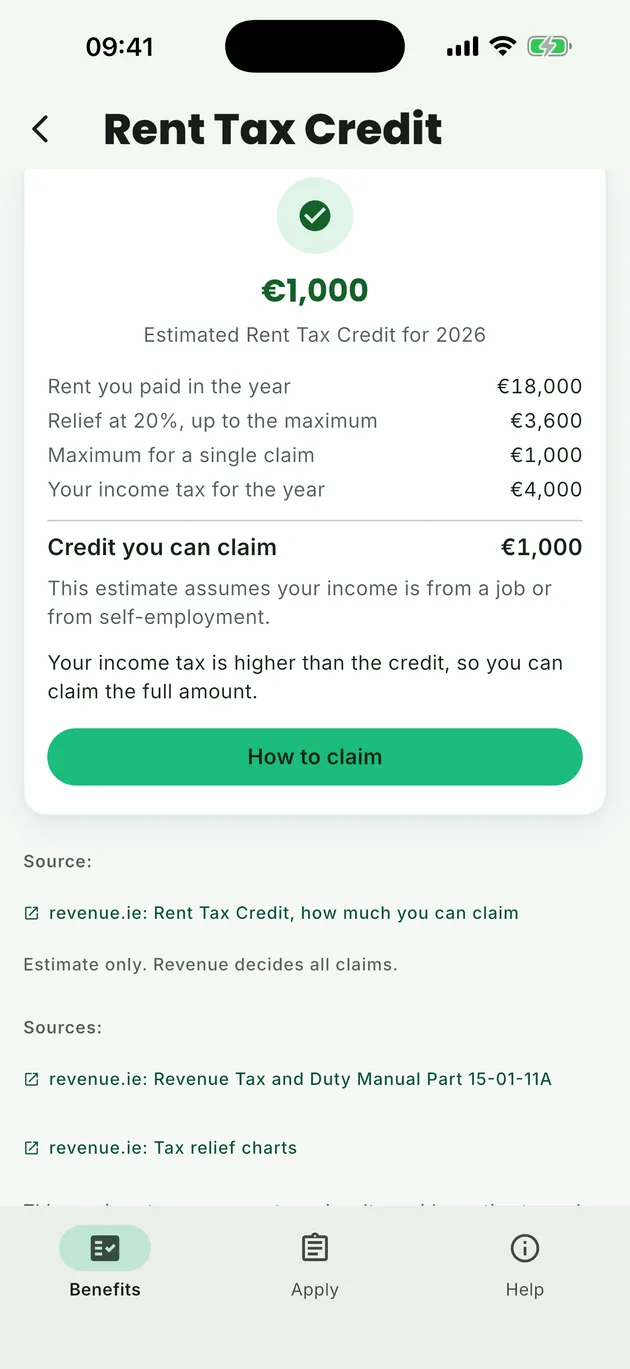 BenefitCheck Ireland Rent Tax Credit estimate with the Revenue sources behind it